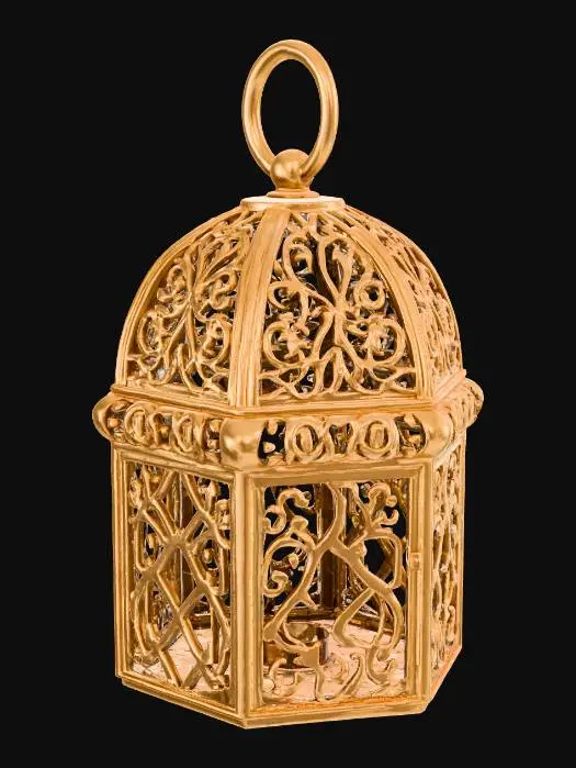 3D model for #Christmas2025#, Lantern made from brass, with no glass just the frame and top, with a brass ring on the top to hang it by. there needs to be enough space in the sides to place a candle, depict the model with no candle