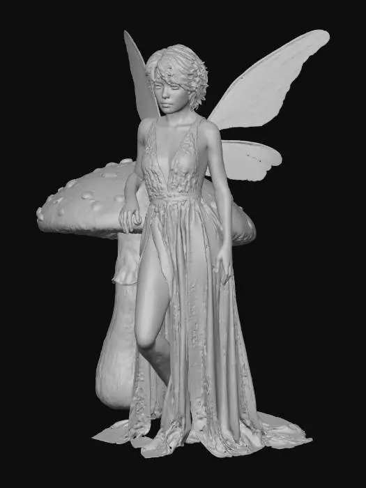 3D model for beautiful fairy, standing under a tall Toadstool she is leaning against the toadstool stalk, short crop hair, blond, medium breasts, long ethereal dress in white and gold trim, split at the thigh, showing cleavage to the top of the ribcage