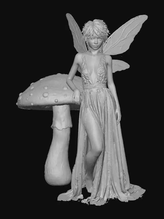 3D model for beautiful fairy, standing under a tall Toadstool she is leaning against the toadstool stalk, short crop hair, blond, medium breasts, long ethereal dress in white and gold trim, split at the thigh, showing cleavage to the top of the ribcage