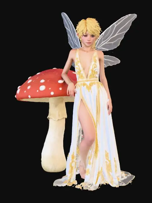 3D model for beautiful fairy, standing under a tall Toadstool she is leaning against the toadstool stalk, short crop hair, blond, medium breasts, long ethereal dress in white and gold trim, split at the thigh, showing cleavage to the top of the ribcage
