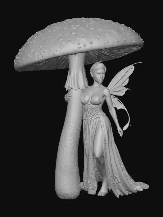 3D model for beautiful fairy, standing under a tall Toadstool with two legs and bare feet, she is leaning against the toadstool stalk, short crop hair, blond, medium breasts, her wings are central to her back and rooted either side of her spine between her shoulder blades, long ethereal dress in white and gold trim, split at the thigh, showing cleavage to the top of the ribcage