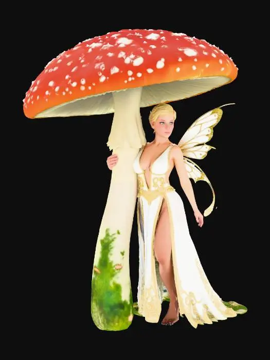 3D model for beautiful fairy, standing under a tall Toadstool with two legs and bare feet, she is leaning against the toadstool stalk, short crop hair, blond, medium breasts, her wings are central to her back and rooted either side of her spine between her shoulder blades, long ethereal dress in white and gold trim, split at the thigh, showing cleavage to the top of the ribcage