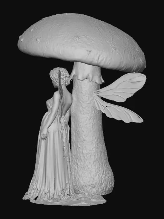 3D model for beautiful fairy, standing under a tall Toadstool she is leaning against the toadstool stalk, short crop hair, blond, medium breasts, long ethereal dress in white and gold trim, split at the thigh, showing cleavage to the top of the ribcage