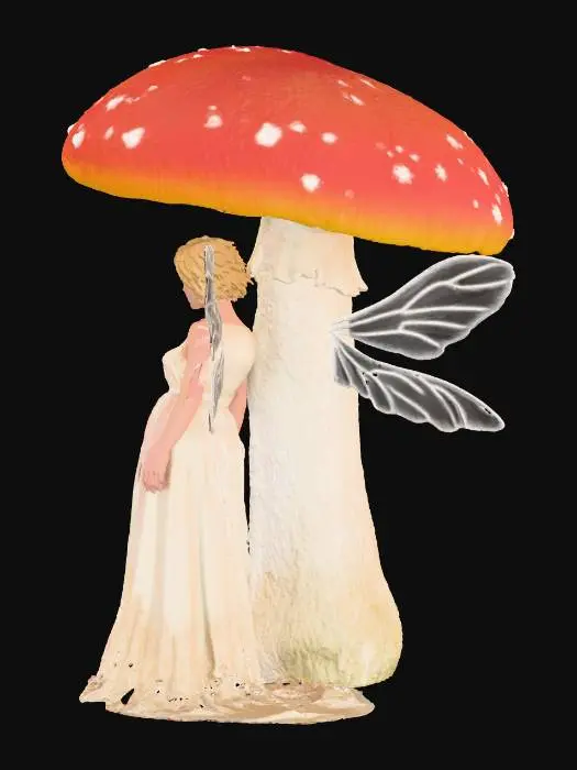 3D model for beautiful fairy, standing under a tall Toadstool she is leaning against the toadstool stalk, short crop hair, blond, medium breasts, long ethereal dress in white and gold trim, split at the thigh, showing cleavage to the top of the ribcage