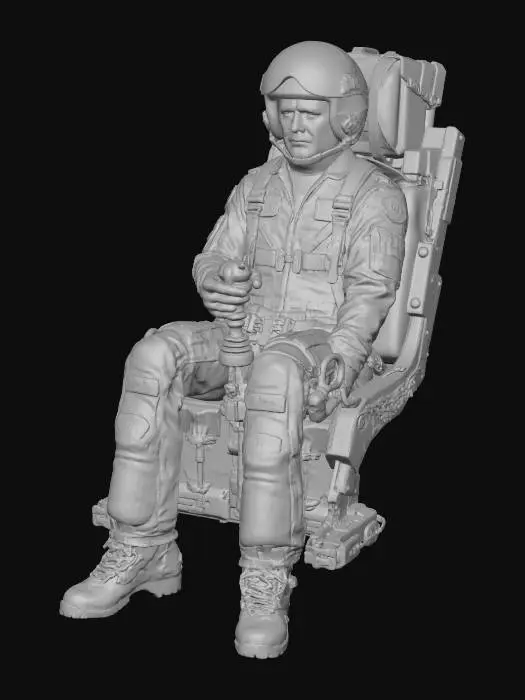 3D model for RAF Pilot sat in an ejection seat as if in a Tornado GR1, right hand positioned as if to hold a joystick, his visor is raised to show his face