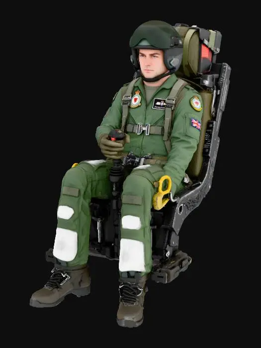 3D model for RAF Pilot sat in an ejection seat as if in a Tornado GR1, right hand positioned as if to hold a joystick, his visor is raised to show his face