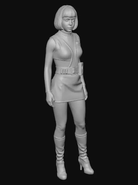3D model for andrea allen moonbase operative from the tv series UFO. in a silver skirt and bodice with a net under blouse, she has purple hair in a short bob cut