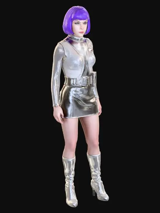 3D model for andrea allen moonbase operative from the tv series UFO. in a silver skirt and bodice with a net under blouse, she has purple hair in a short bob cut