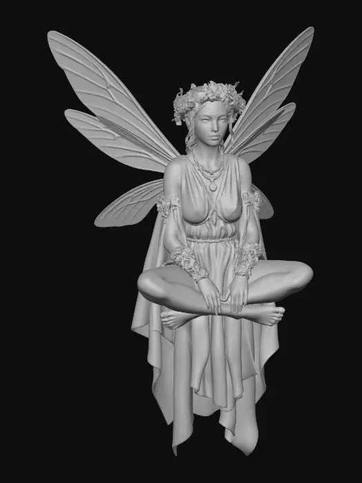 3D model for a beautiful woodland fairy in a sitting  posture but not sitting on anything, is clothed in red silk and adorned with wild flowers, she has a beautiful figure, slim with a large bust