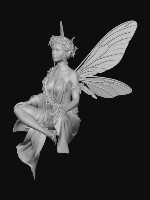3D model for a beautiful woodland fairy in a sitting  posture but not sitting on anything, is clothed in red silk and adorned with wild flowers, she has a beautiful figure, slim with a large bust
