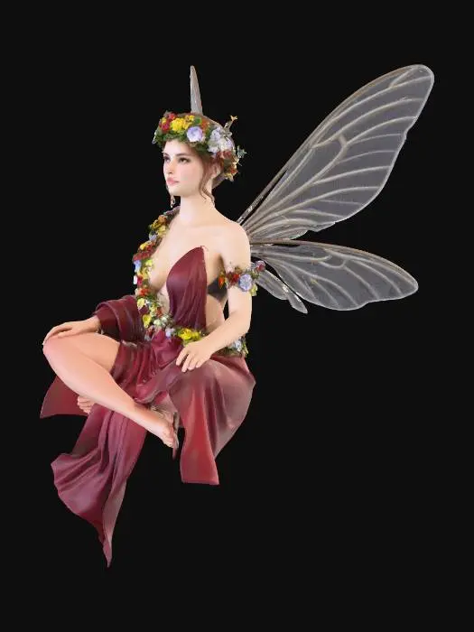 3D model for a beautiful woodland fairy in a sitting  posture but not sitting on anything, is clothed in red silk and adorned with wild flowers, she has a beautiful figure, slim with a large bust