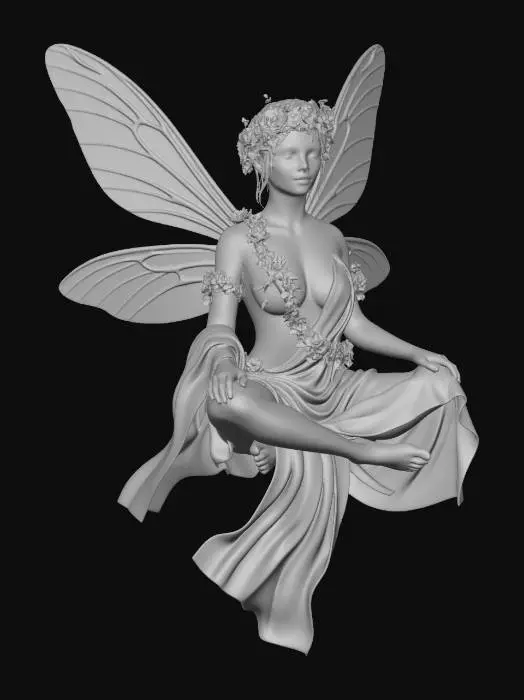 3D model for a beautiful woodland fairy in a sitting posture but not sitting on anything, is clothed in red silk and adorned with wild flowers, she has a beautiful figure, slim with a large bust