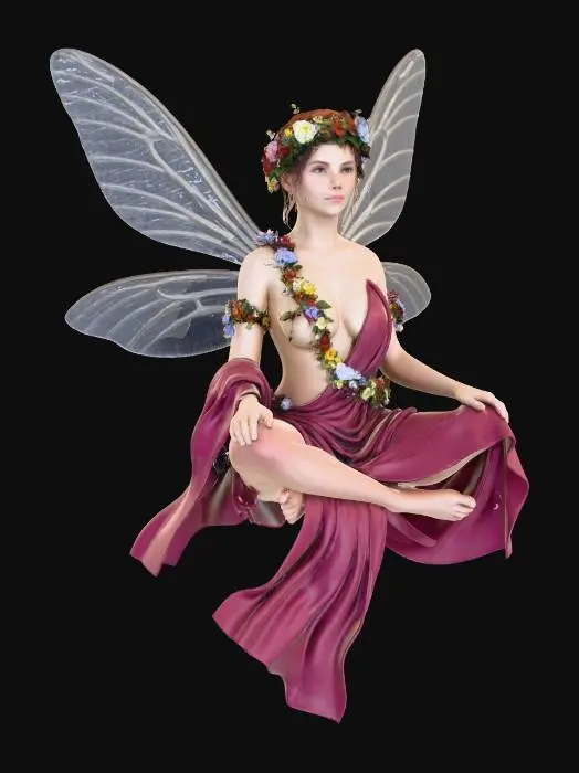 3D model for a beautiful woodland fairy in a sitting posture but not sitting on anything, is clothed in red silk and adorned with wild flowers, she has a beautiful figure, slim with a large bust