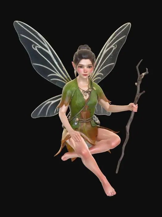 3D model for a woodland fairy sitting in a  cross legged posture but not sitting on anythig