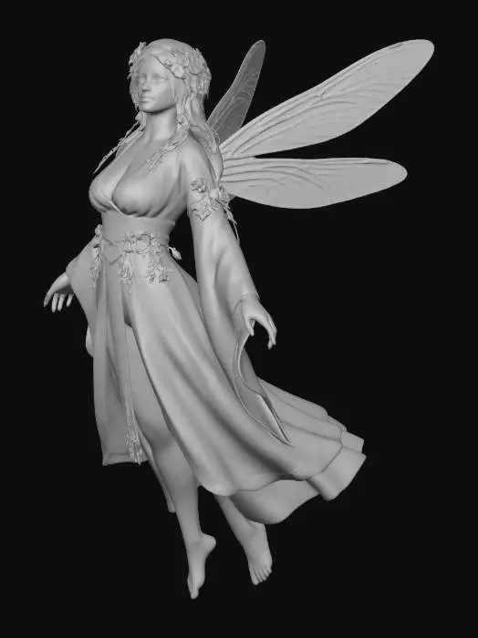 3D model for a beautiful woodland fairy in a striding posture but not standing on anything, is clothed in gold silk and adorned with wild flowers, she has a beautiful figure, slim with a large bust