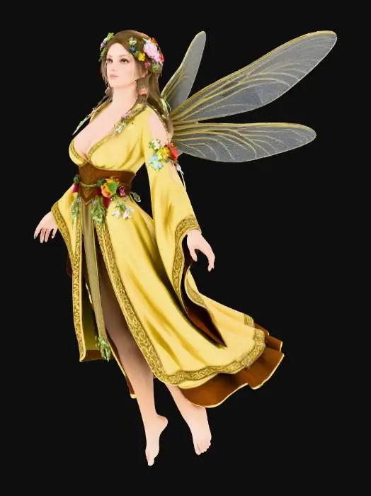 3D model for a beautiful woodland fairy in a striding posture but not standing on anything, is clothed in gold silk and adorned with wild flowers, she has a beautiful figure, slim with a large bust
