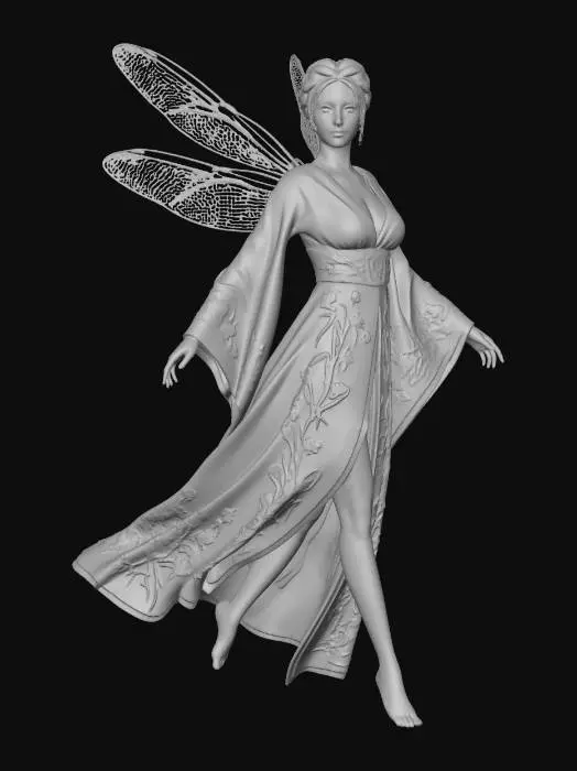 3D model for a beautiful woodland fairy in a striding posture but not standing on anything, is clothed in gold silk and adorned with wild flowers, she has a beautiful figure, slim with a large bust