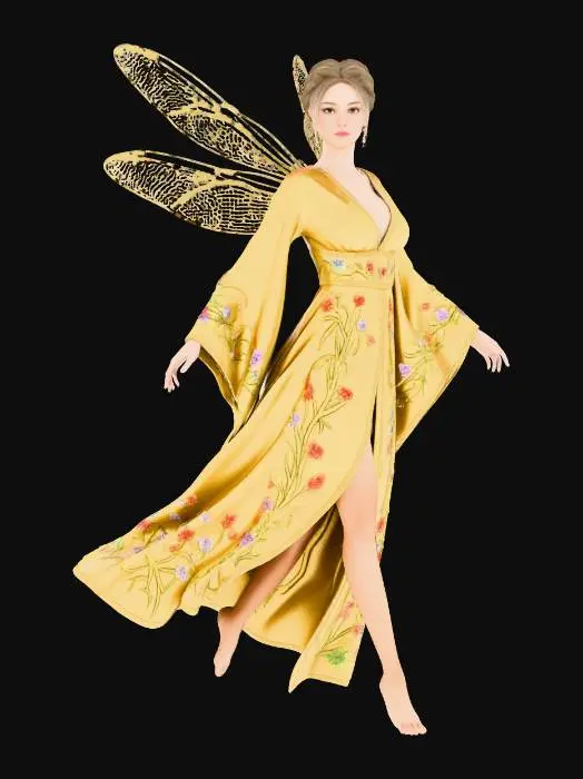 3D model for a beautiful woodland fairy in a striding posture but not standing on anything, is clothed in gold silk and adorned with wild flowers, she has a beautiful figure, slim with a large bust