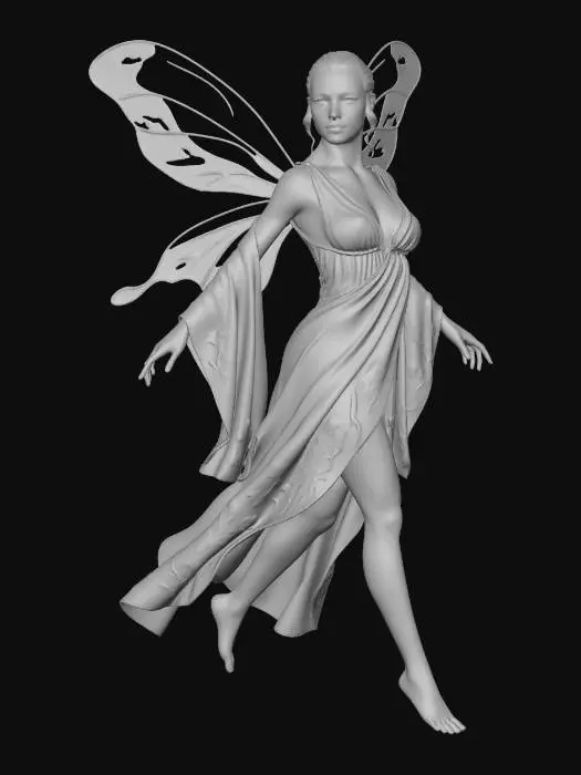 3D model for a beautiful woodland fairy in a striding posture but not standing on anything, is clothed in gold silk and adorned with wild flowers, she has a beautiful figure, slim with a large bust