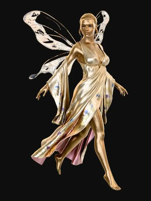 3D model for a beautiful woodland fairy in a striding posture but not standing on anything, is clothed in gold silk and adorned with wild flowers, she has a beautiful figure, slim with a large bust