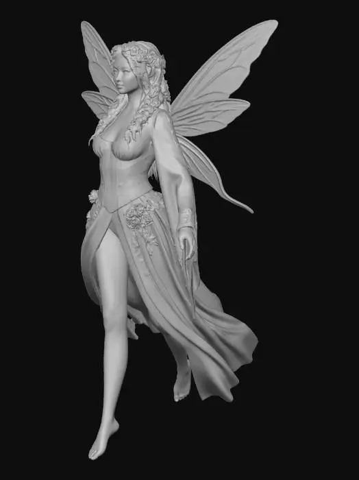 3D model for a beautiful woodland fairy in a striding posture but not standing on anything, is clothed in gold silk and adorned with wild flowers, she has a beautiful figure, slim with a large bust