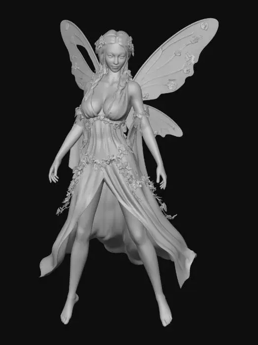3D model for a beautiful woodland fairy in a standing posture but not standing on anything, her legs are apart, she is clothed in ethereal white silk and adorned with wild flowers, she has a beautiful figure, slim with a large bust