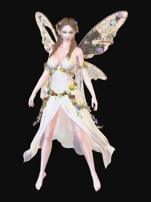 3D model for a beautiful woodland fairy in a standing posture but not standing on anything, her legs are apart, she is clothed in ethereal white silk and adorned with wild flowers, she has a beautiful figure, slim with a large bust