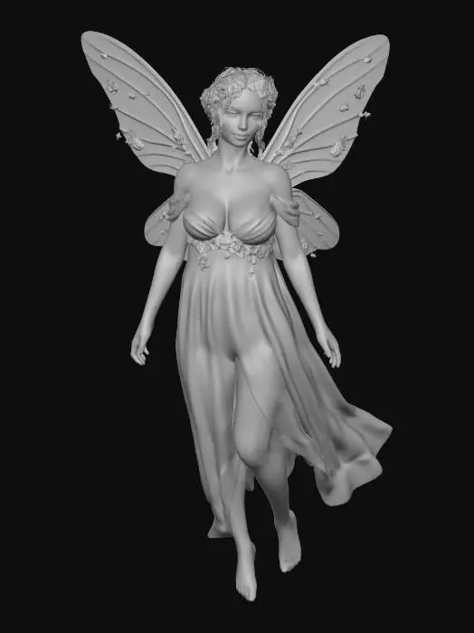 3D model for a beautiful woodland fairy in a standing posture but not standing on anything, her legs are apart, she is clothed in ethereal white silk and adorned with wild flowers, she has a beautiful figure, slim with a large bust