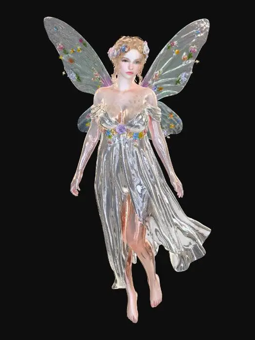 3D model for a beautiful woodland fairy in a standing posture but not standing on anything, her legs are apart, she is clothed in ethereal white silk and adorned with wild flowers, she has a beautiful figure, slim with a large bust