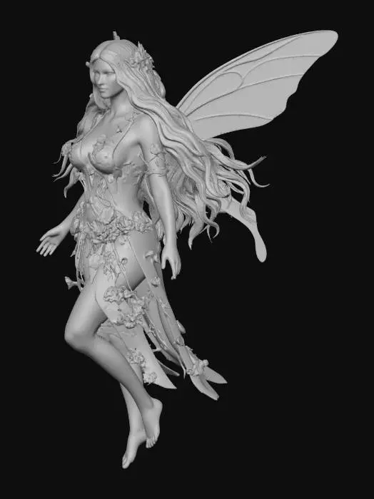 3D model for a beautiful woodland fairy in a standing posture but not standing on anything, her legs are apart, she is not clothed and adorned with wild flowers, she has a beautiful figure, slim with a large bust, she has long blond hair