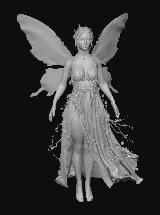 3D model for a beautiful woodland fairy in a standing posture but not standing on anything, her legs are apart, she is clothed in ethereal white silk and adorned with wild flowers, she has a beautiful figure, slim with a large bust