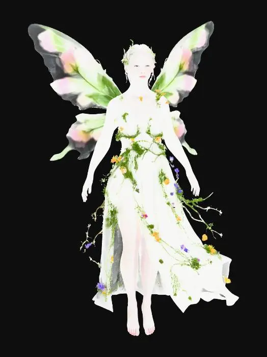 3D model for a beautiful woodland fairy in a standing posture but not standing on anything, her legs are apart, she is clothed in ethereal white silk and adorned with wild flowers, she has a beautiful figure, slim with a large bust