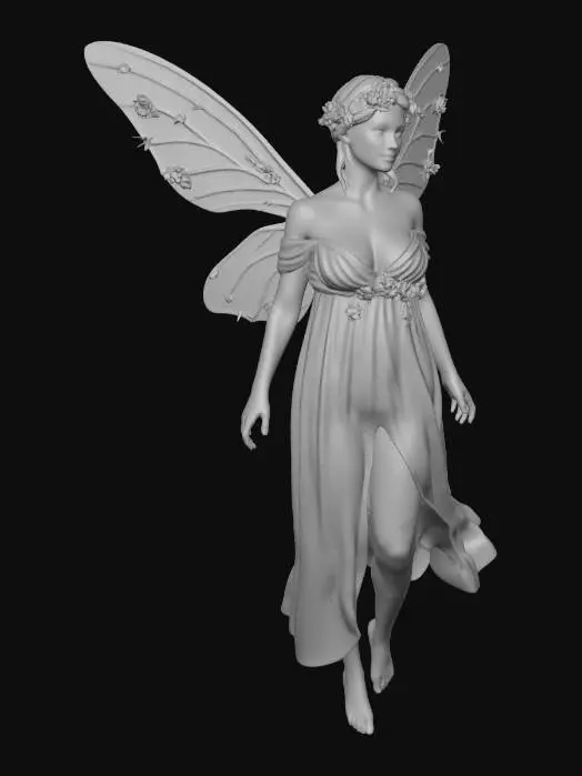 3D model for a beautiful woodland fairy in a standing posture but not standing on anything, her legs are apart, she is clothed in ethereal white silk and adorned with wild flowers, she has a beautiful figure, slim with a large bust