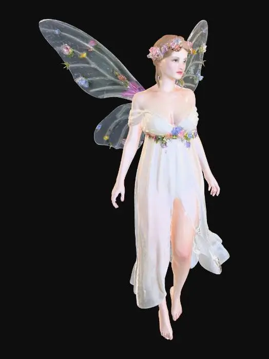 3D model for a beautiful woodland fairy in a standing posture but not standing on anything, her legs are apart, she is clothed in ethereal white silk and adorned with wild flowers, she has a beautiful figure, slim with a large bust