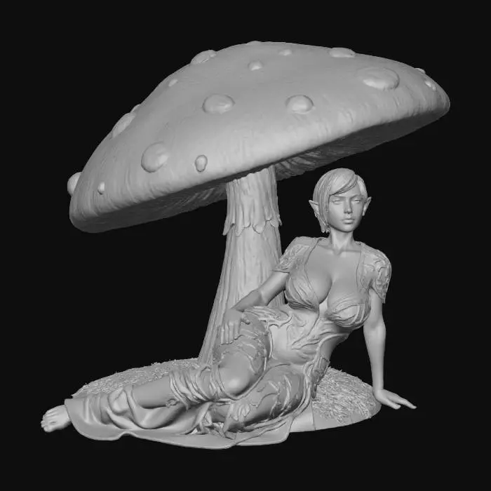 3D model for elf, sitting under a Toadstool, short crop hair, blond, big breasts