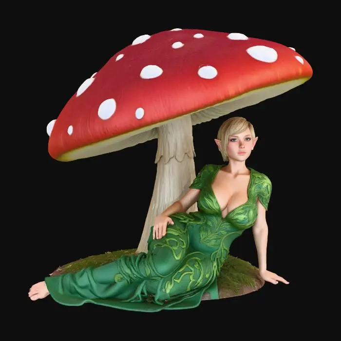 3D model for elf, sitting under a Toadstool, short crop hair, blond, big breasts