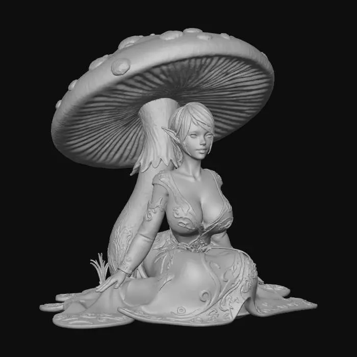 3D model for elf, sitting under a Toadstool, short crop hair, blond, big breasts