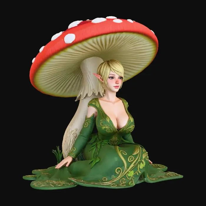 3D model for elf, sitting under a Toadstool, short crop hair, blond, big breasts