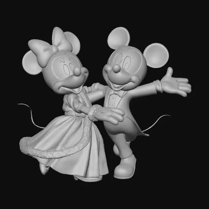 3D model for minnie mouse dressed in a christmas gown dancing with mickie mouse in a tuxedo