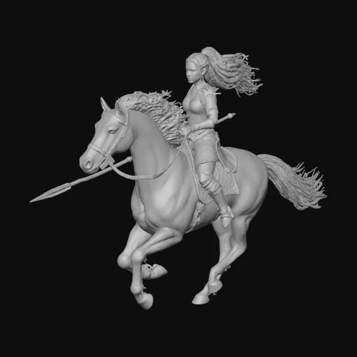 3D model for Elf sat in a saddle and holding the reigns of a black stallion at full gallop, blond gold hair with a long pony tail, flies behind her in the breeze,  large breasts, polished gold armor corset, mithril mail skirt, Armored gusset, golden greaves and boots, holding a lance pointed forward towards an enemy