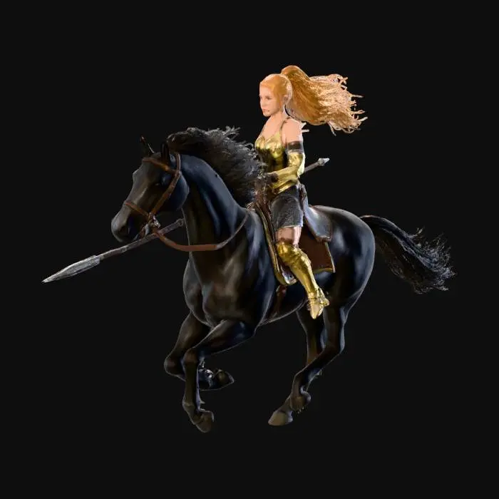 3D model for Elf sat in a saddle and holding the reigns of a black stallion at full gallop, blond gold hair with a long pony tail, flies behind her in the breeze,  large breasts, polished gold armor corset, mithril mail skirt, Armored gusset, golden greaves and boots, holding a lance pointed forward towards an enemy