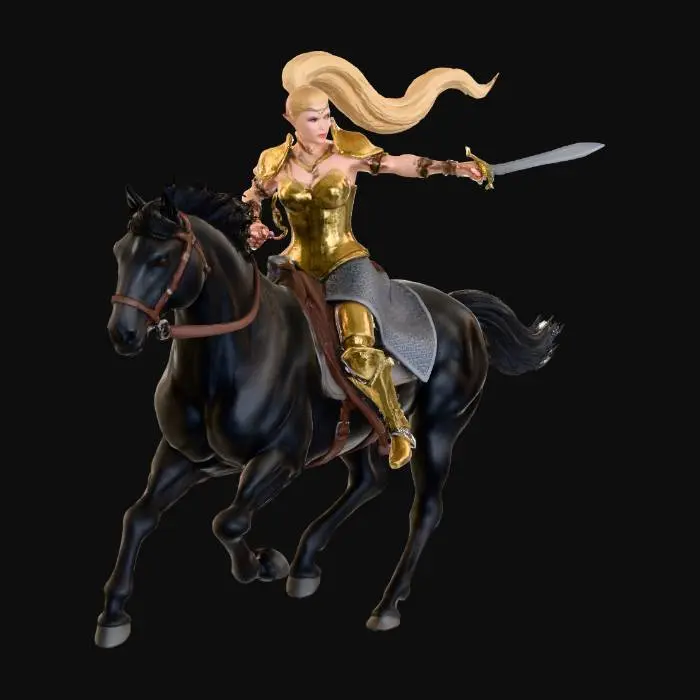 3D model for Elf sat in a saddle and holding the reigns of a black stallion at full gallop, blond gold hair with a long pony tail, flies behind her in the breeze, large breasts, polished gold armor corset, mithril mail skirt, Armored golden greaves and boots, holding elven sword pointed forward towards an enemy