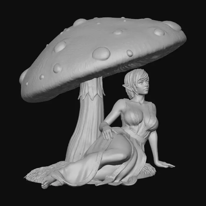 3D model for fairy, sitting under a tall Toadstool, short crop hair, blond, large breasts, long ethereal dress in white and gold trim, split at the thigh, showing cleavage to the top of the ribcage