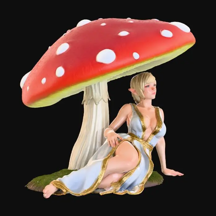 3D model for fairy, sitting under a tall Toadstool, short crop hair, blond, large breasts, long ethereal dress in white and gold trim, split at the thigh, showing cleavage to the top of the ribcage