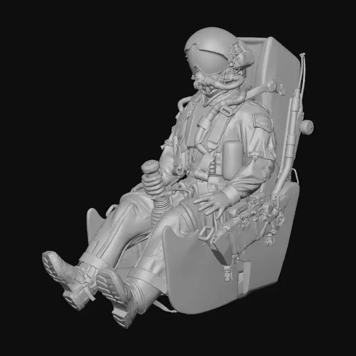 3D model for RAF Pilot sat in an ejection seat, right hand positioned to hold the joystick, his visor is raised to show his face