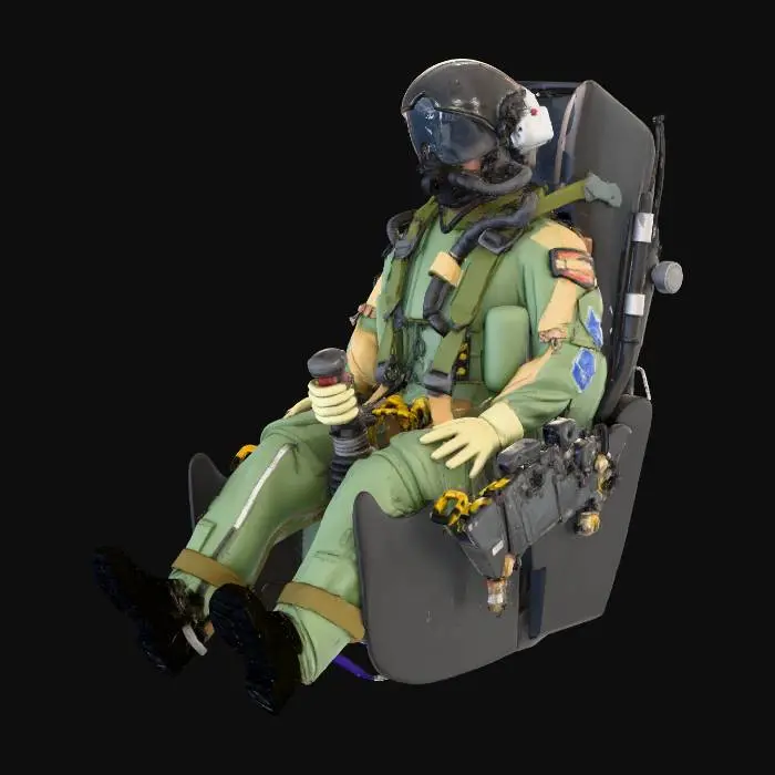 3D model for RAF Pilot sat in an ejection seat, right hand positioned to hold the joystick, his visor is raised to show his face
