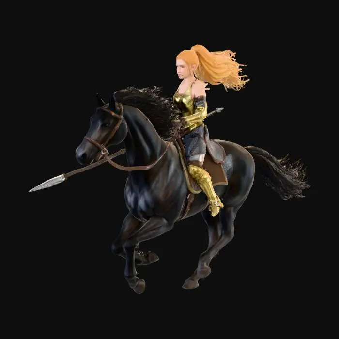 3D model for Elf sat in a saddle and holding the reigns of a black stallion at full gallop, blond gold hair with a long pony tail, flies behind her in the breeze,  large breasts, polished gold armor corset, mithril mail skirt, Armored gusset, golden greaves and boots, holding a lance pointed forward towards an enemy