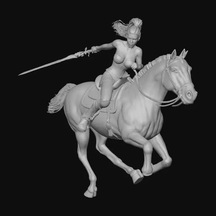 3D model for Elf sat in a saddle and holding the reigns of a black stallion at full gallop, blond gold hair with a long pony tail, flies behind her in the breeze,  large breasts, polished gold armor corset, mithril mail skirt, Armored golden greaves and boots, holding elven sword pointed forward towards an enemy