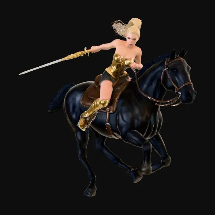 3D model for Elf sat in a saddle and holding the reigns of a black stallion at full gallop, blond gold hair with a long pony tail, flies behind her in the breeze,  large breasts, polished gold armor corset, mithril mail skirt, Armored golden greaves and boots, holding elven sword pointed forward towards an enemy