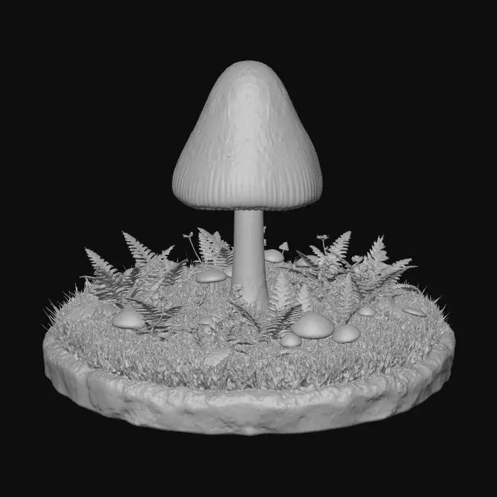 3D model for A tall white conical mushroom in a circular grassy area with ferns and other small mushrooms and wild flowers
